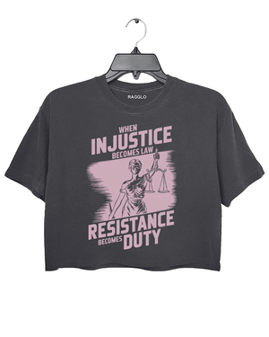 Ragglo dark grey crop top with light pink 'When Injustice Becomes Law, Resistance Becomes Duty' pattern

