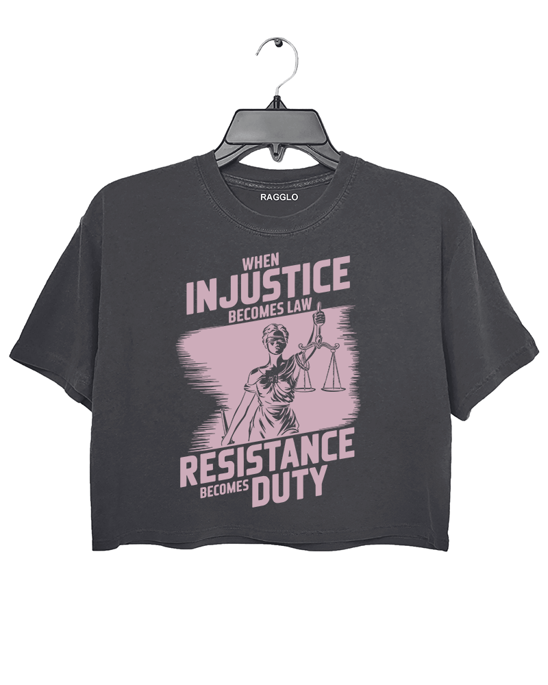 Ragglo dark grey crop top with light pink 'When Injustice Becomes Law, Resistance Becomes Duty' pattern

