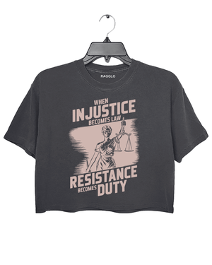 Ragglo dark grey crop top with pinkish brown 'When Injustice Becomes Law, Resistance Becomes Duty' pattern

