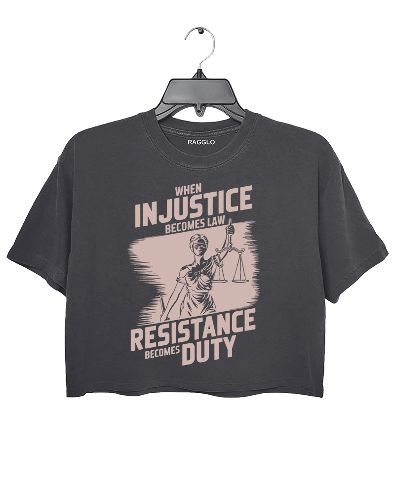 Ragglo dark grey crop top with pinkish brown 'When Injustice Becomes Law, Resistance Becomes Duty' pattern

