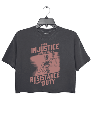 Ragglo dark grey crop top with rose brown 'When Injustice Becomes Law, Resistance Becomes Duty' pattern

