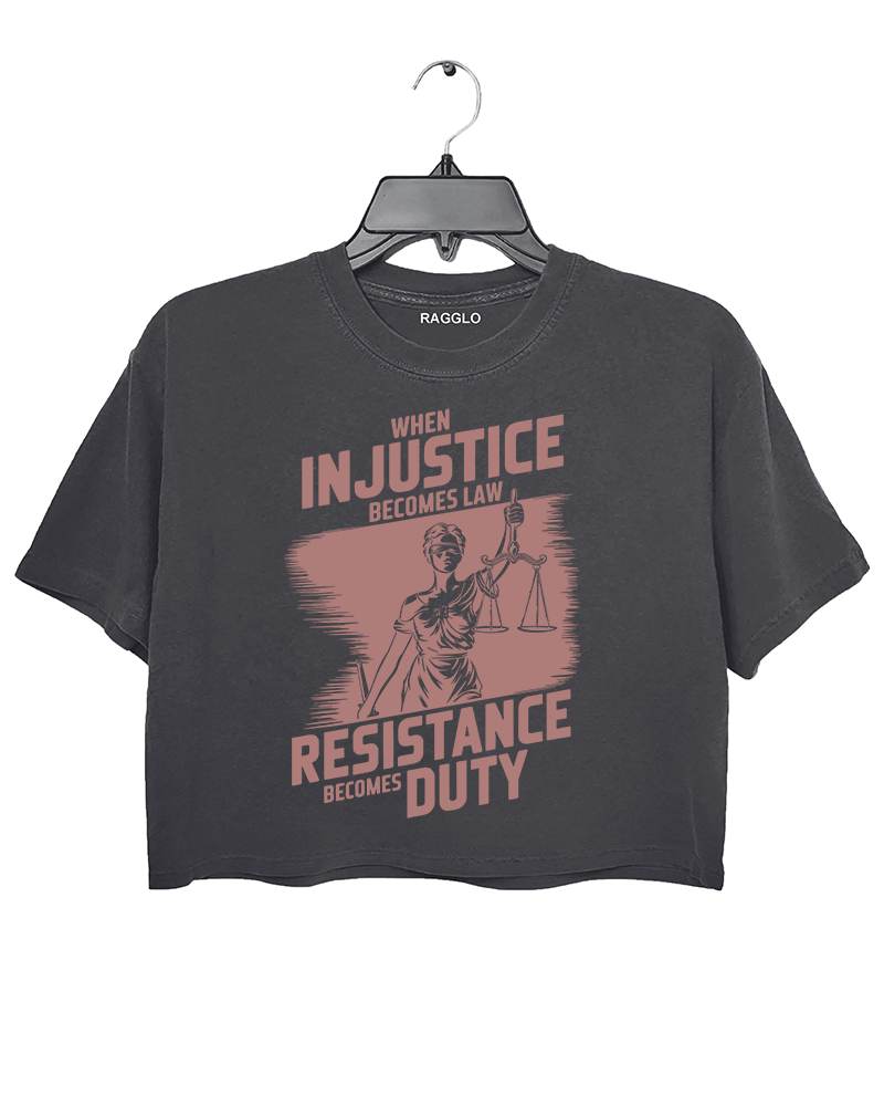 Ragglo dark grey crop top with rose brown 'When Injustice Becomes Law, Resistance Becomes Duty' pattern

