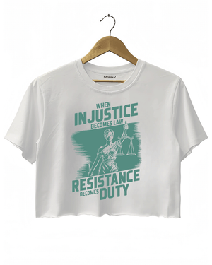 Ragglo white crop top with ink green 'When Injustice Becomes Law, Resistance Becomes Duty' pattern

