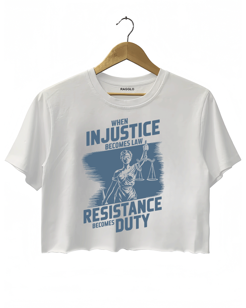 Ragglo white crop top with light blue 'When Injustice Becomes Law, Resistance Becomes Duty' pattern

