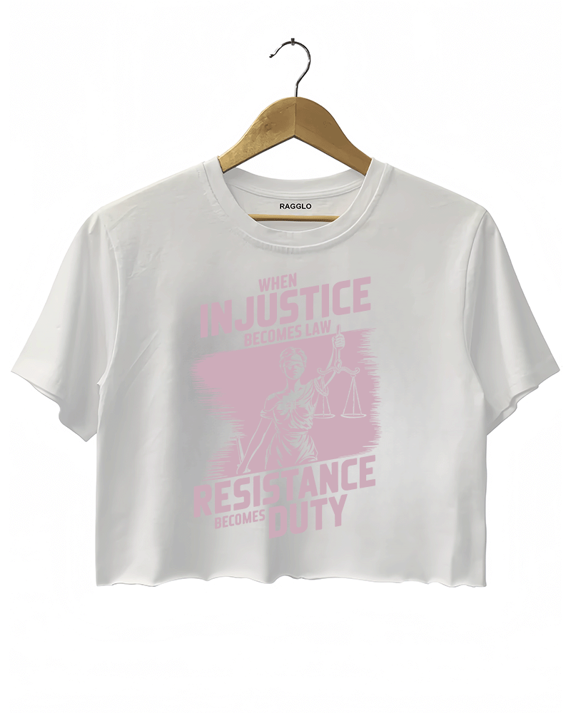Ragglo white crop top with light pink 'When Injustice Becomes Law, Resistance Becomes Duty' pattern

