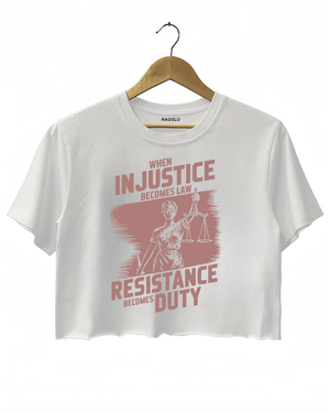 Ragglo white crop top with rose brown 'When Injustice Becomes Law, Resistance Becomes Duty' pattern

