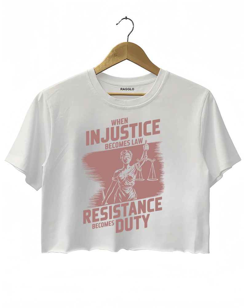 Ragglo white crop top with rose brown 'When Injustice Becomes Law, Resistance Becomes Duty' pattern

