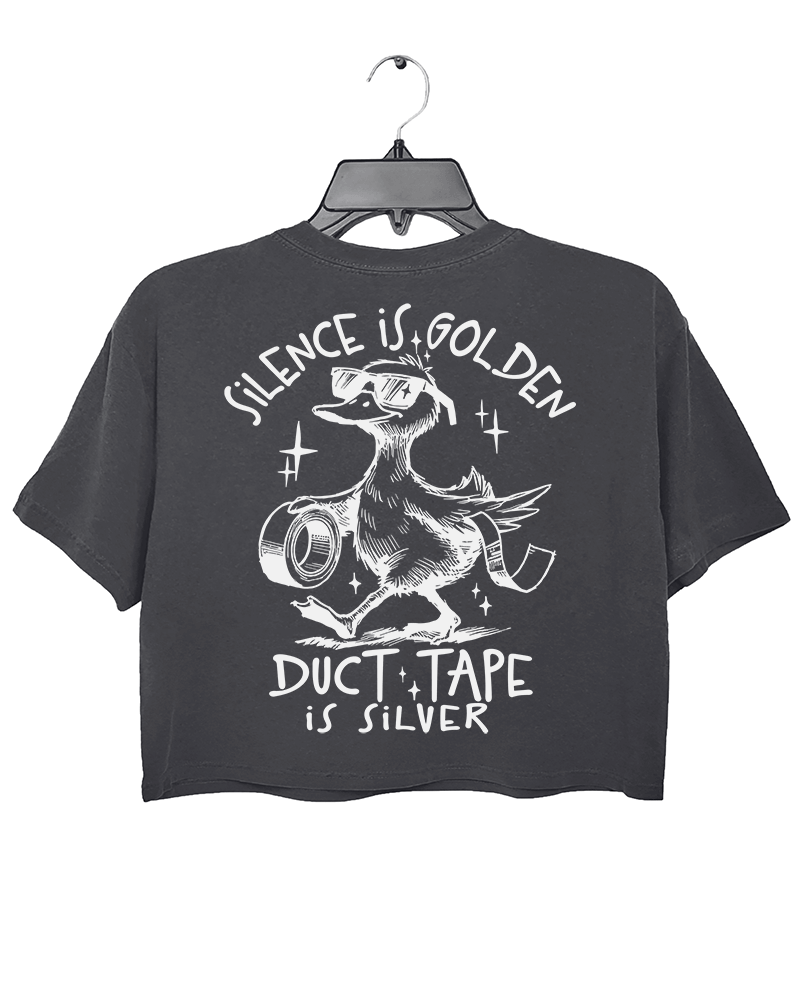 Ragglo dark gray women's crop top back featuring a duck with sunglasses holding duct tape and the text 'Duct Tape is Silver' in a playful graphic design.