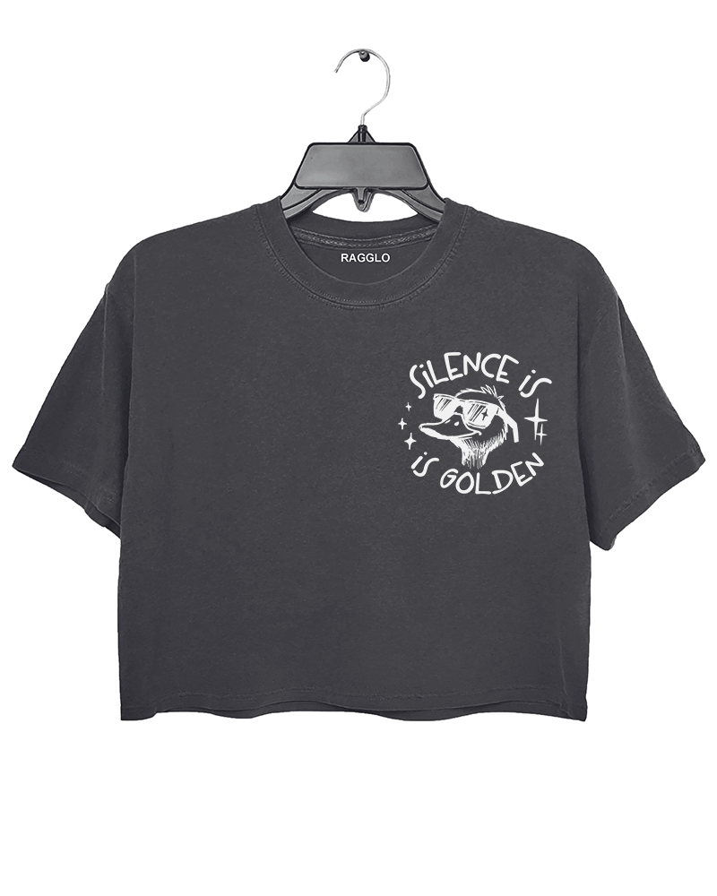 Ragglo dark gray women's crop top front featuring a cool duck with sunglasses and the text 'Silence is Golden' in a humorous graphic design.