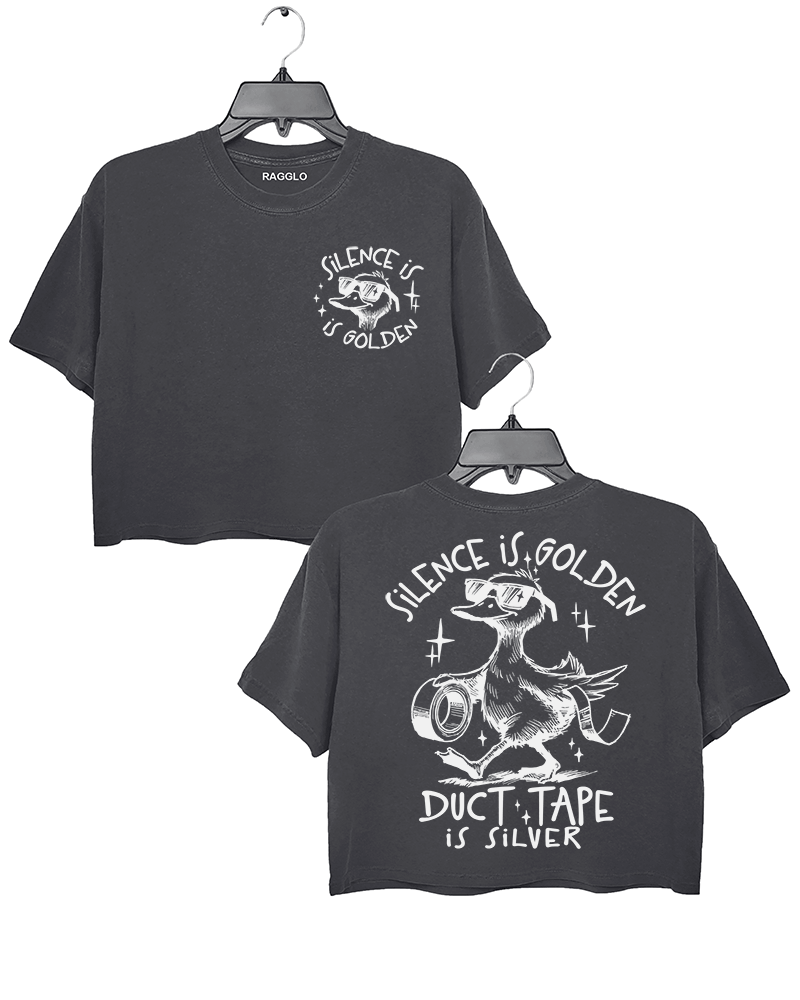Ragglo dark gray women's crop top featuring a cool duck with sunglasses on both front and back, with 'Silence is Golden' on the front and 'Duct Tape is Silver' with a duck holding duct tape on the back, in a humorous graphic design.