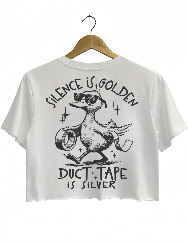 Ragglo white women's crop top back featuring a duck with sunglasses holding duct tape and the text 'Duct Tape is Silver' in a playful graphic design.
