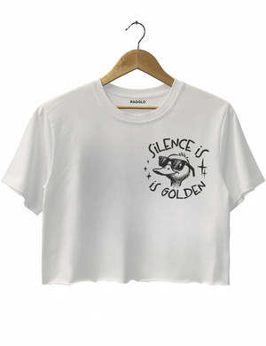 Ragglo white women's crop top front featuring a cool duck with sunglasses and the text 'Silence is Golden' in a humorous graphic design.