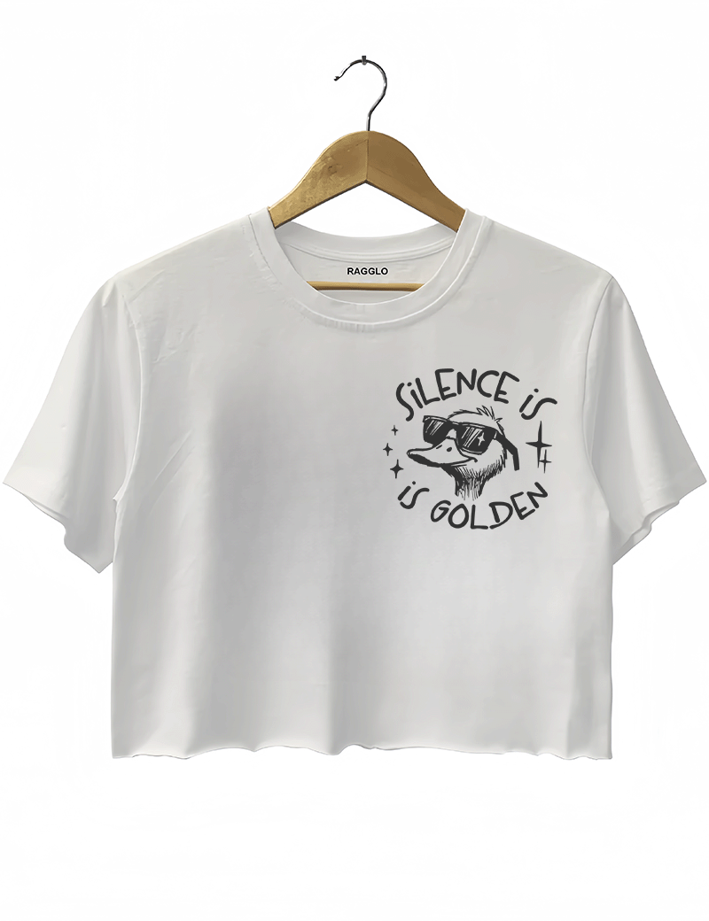 Ragglo white women's crop top front featuring a cool duck with sunglasses and the text 'Silence is Golden' in a humorous graphic design.