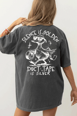 Ragglo dark gray women's T-shirt back featuring a duck with sunglasses holding duct tape and the text 'Duct Tape is Silver' in a playful graphic design.