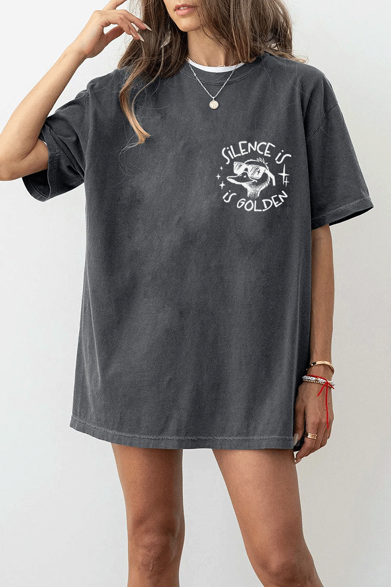 Ragglo dark gray women's T-Shirt front featuring a cool duck with sunglasses and the text 'Silence is Golden' in a humorous graphic design.