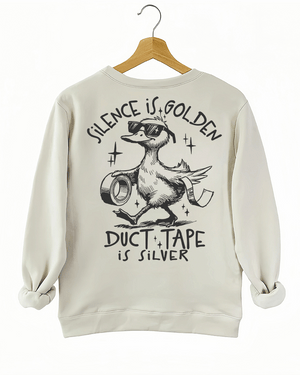 Ragglo beige women's sweatshirt back featuring a duck with sunglasses holding duct tape and the text 'Duct Tape is Silver' in a playful graphic design