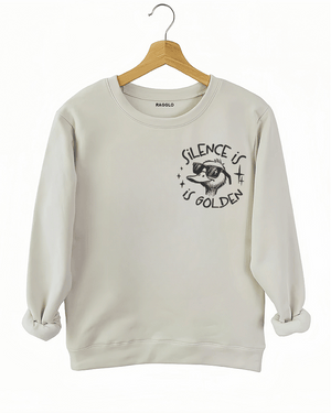 Ragglo beige women's sweatshirt front featuring a cool duck with sunglasses and the text 'Silence is Golden' in a humorous graphic design
