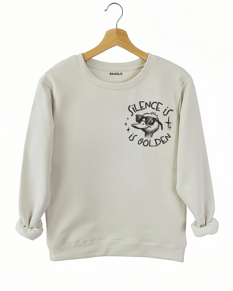 Ragglo beige women's sweatshirt front featuring a cool duck with sunglasses and the text 'Silence is Golden' in a humorous graphic design