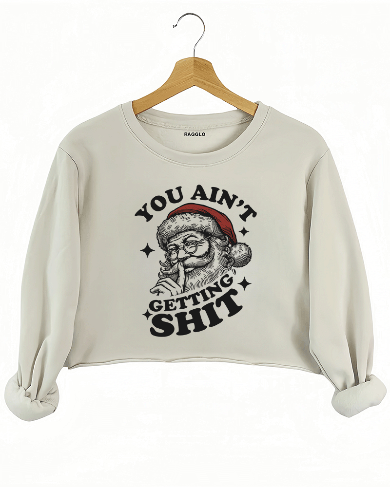 Cozy beige Ragglo women's crop sweatshirt featuring a Santa Claus graphic with the text "YOU AIN'T GETTING SHIT" in bold black, hanging on a wooden hanger.

