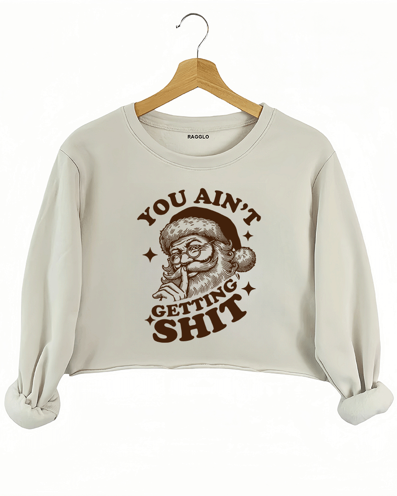 Cozy beige Ragglo women's crop sweatshirt featuring a Santa Claus graphic with the text "YOU AIN'T GETTING SHIT" in bold brown, hanging on a wooden hanger.

