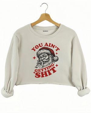 Cozy beige Ragglo women's crop sweatshirt featuring a Santa Claus graphic with the text "YOU AIN'T GETTING SHIT" in bold red and black, hanging on a wooden hanger.

