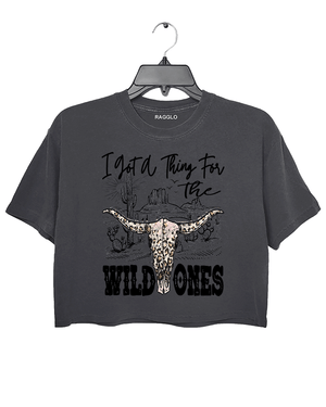Dark Gray Ragglo charcoal women's crop top with "I got a thing for the wild ones" text and stylish leopard print skull design.

