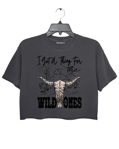 Dark Gray Ragglo charcoal women's crop top with "I got a thing for the wild ones" text and stylish leopard print skull design.

