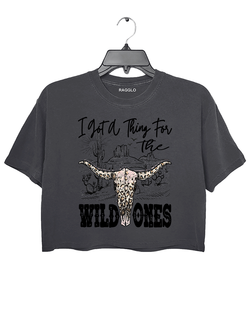 Dark Gray Ragglo charcoal women's crop top with "I got a thing for the wild ones" text and stylish leopard print skull design.

