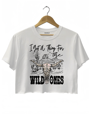 White Ragglo charcoal women's crop top with "I got a thing for the wild ones" text and stylish leopard print skull design.

