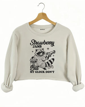 Ragglo women's beige crop sweatshirt with cute black 'Strawberry Jams But MY GLOCK DON'T' raccoon graphic

