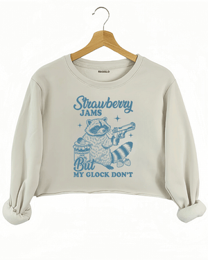 Ragglo women's beige crop sweatshirt with cute blue 'Strawberry Jams But MY GLOCK DON'T' raccoon graphic

