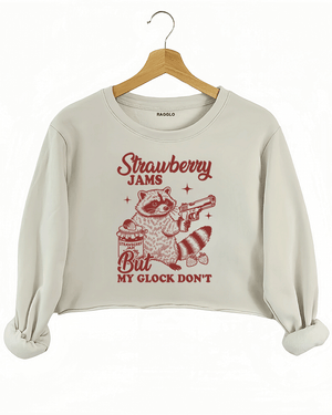 Ragglo women's beige crop sweatshirt with cute red 'Strawberry Jams But MY GLOCK DON'T' raccoon graphic

