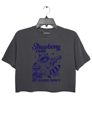 Ragglo women's cute dark gray crop top with dark blue 'Strawberry Jams But MY GLOCK DON'T' raccoon graphic tee