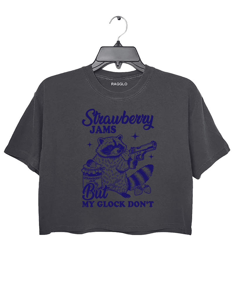 Ragglo women's cute dark gray crop top with dark blue 'Strawberry Jams But MY GLOCK DON'T' raccoon graphic tee