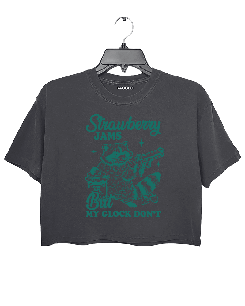 Ragglo women's cute dark gray crop top with green 'Strawberry Jams But MY GLOCK DON'T' raccoon graphic tee