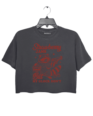 Ragglo women's cute dark gray crop top with red 'Strawberry Jams But MY GLOCK DON'T' raccoon graphic tee

