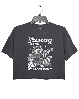 Ragglo women's cute dark gray crop top with white 'Strawberry Jams But MY GLOCK DON'T' raccoon graphic tee