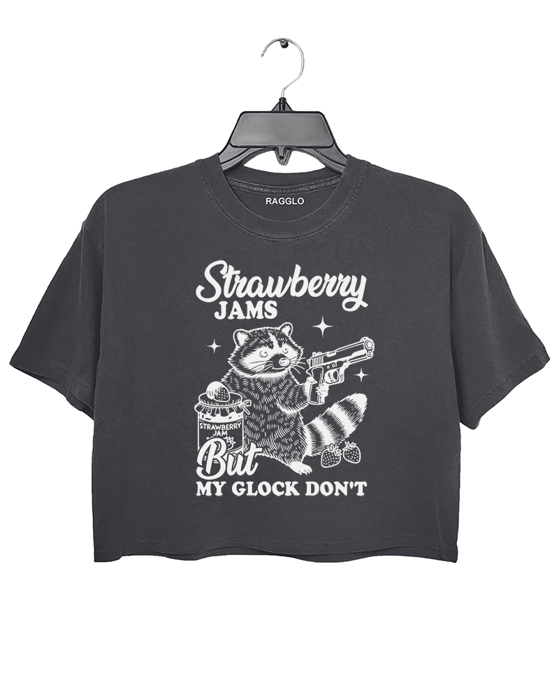 Ragglo women's cute dark gray crop top with white 'Strawberry Jams But MY GLOCK DON'T' raccoon graphic tee