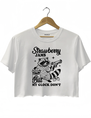 Ragglo women's cute white crop top with black 'Strawberry Jams But MY GLOCK DON'T' raccoon graphic tee