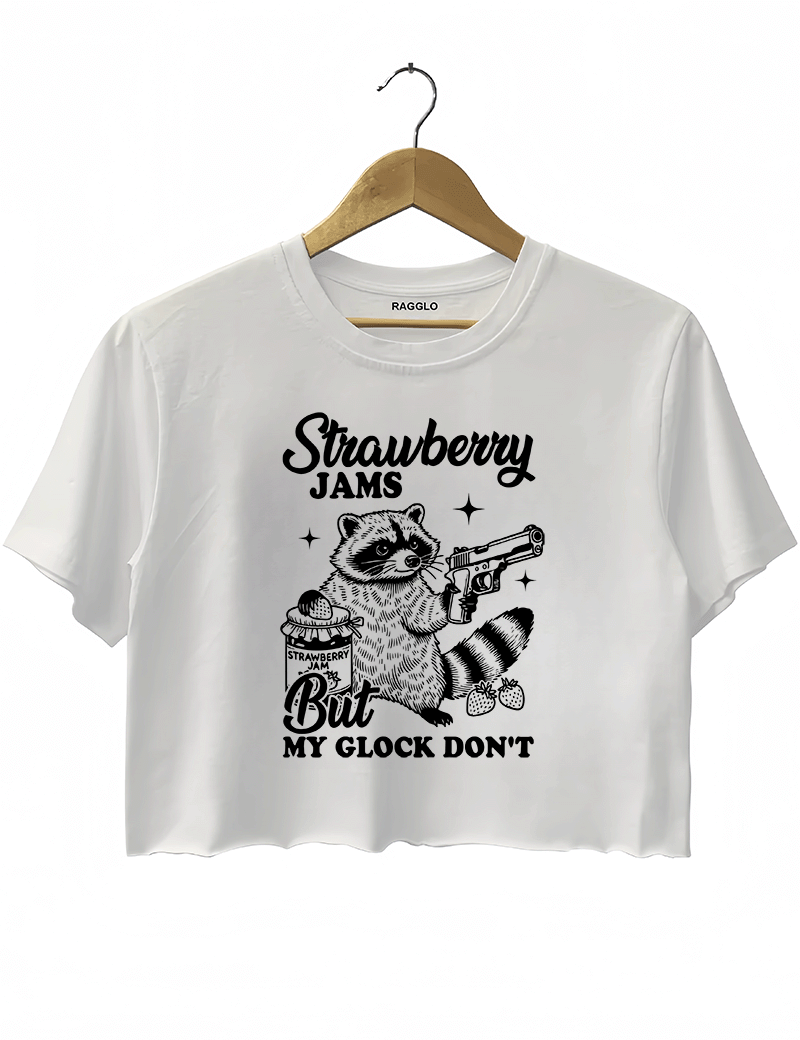 Ragglo women's cute white crop top with black 'Strawberry Jams But MY GLOCK DON'T' raccoon graphic tee