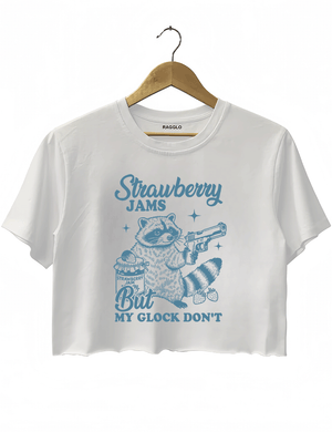 Ragglo women's cute white crop top with blue 'Strawberry Jams But MY GLOCK DON'T' raccoon graphic tee