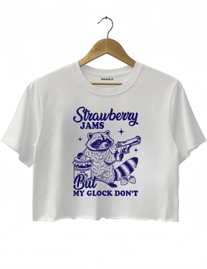 Ragglo women's cute white crop top with dark blue 'Strawberry Jams But MY GLOCK DON'T' raccoon graphic tee