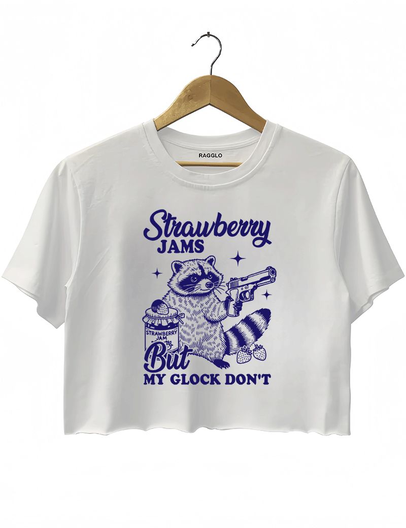 Ragglo women's cute white crop top with dark blue 'Strawberry Jams But MY GLOCK DON'T' raccoon graphic tee
