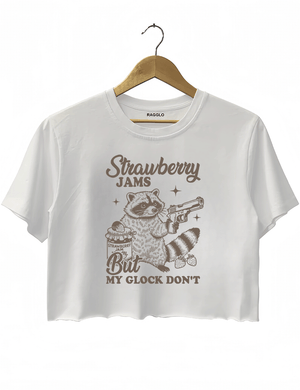 Ragglo women's cute white crop top with gray 'Strawberry Jams But MY GLOCK DON'T' raccoon graphic tee