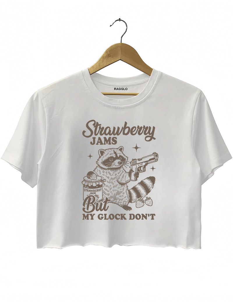 Ragglo women's cute white crop top with gray 'Strawberry Jams But MY GLOCK DON'T' raccoon graphic tee