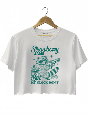 Ragglo women's cute white crop top with green 'Strawberry Jams But MY GLOCK DON'T' raccoon graphic tee