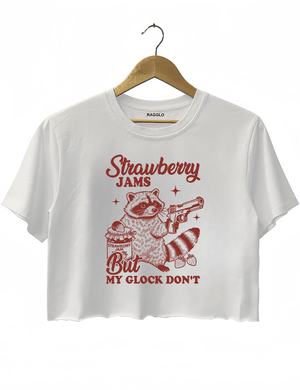 Ragglo women's cute white crop top with red 'Strawberry Jams But MY GLOCK DON'T' raccoon graphic tee