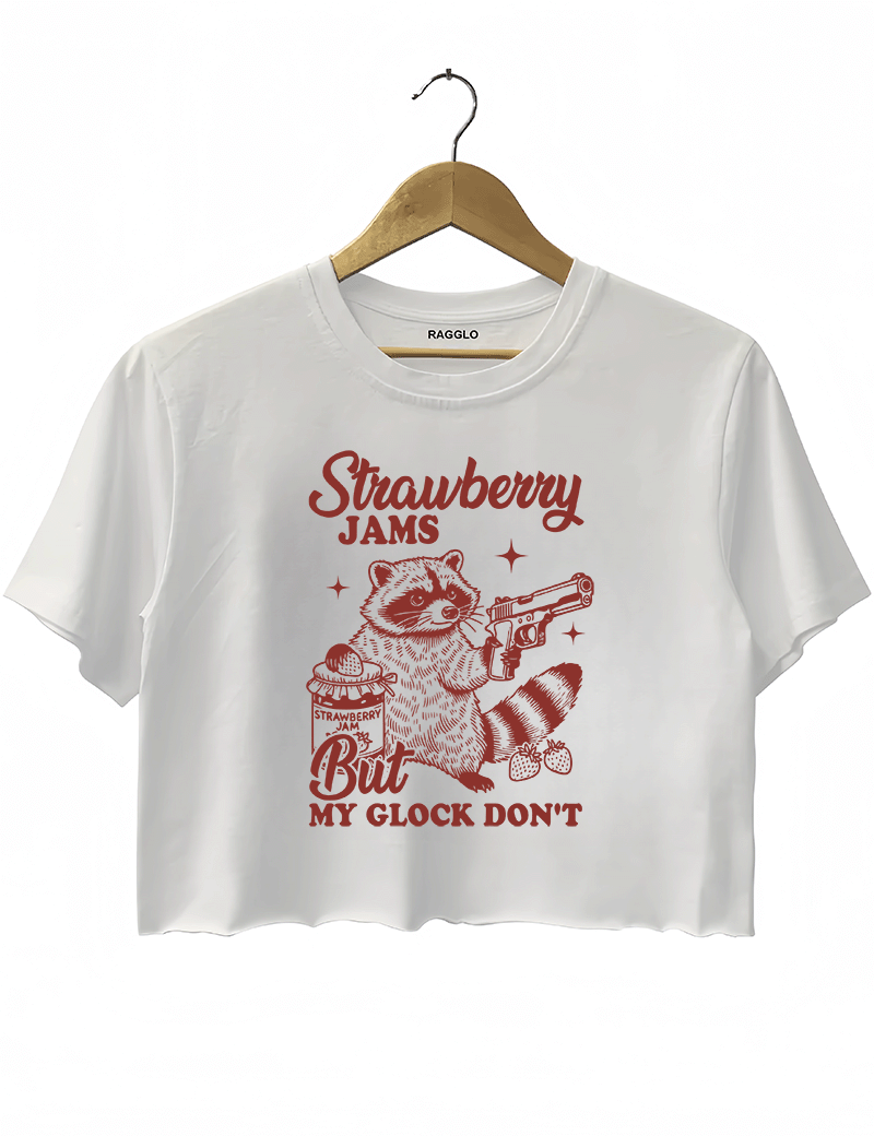Ragglo women's cute white crop top with red 'Strawberry Jams But MY GLOCK DON'T' raccoon graphic tee
