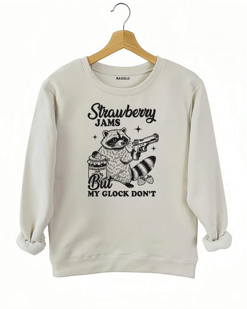 Ragglo women's beige sweatshirt with funny black 'Strawberry Jams But MY GLOCK DON'T' raccoon graphic

