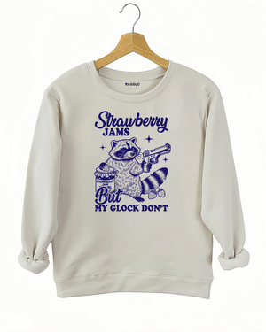 Ragglo women's beige sweatshirt with funny dark blue 'Strawberry Jams But MY GLOCK DON'T' raccoon graphic

